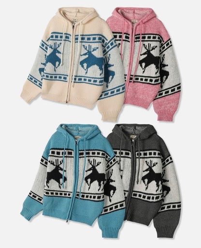 Reindeer Pattern Hooded Zip-up