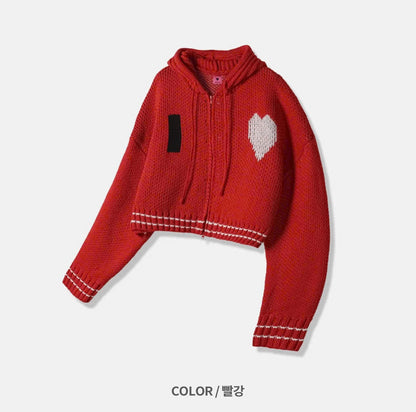 Heart Knit  Hood Zip-up